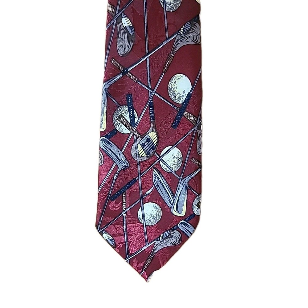 Vtg Dino Romaro Handmade* Red Tie* featuring, Golf Clubs and Balls 61x4